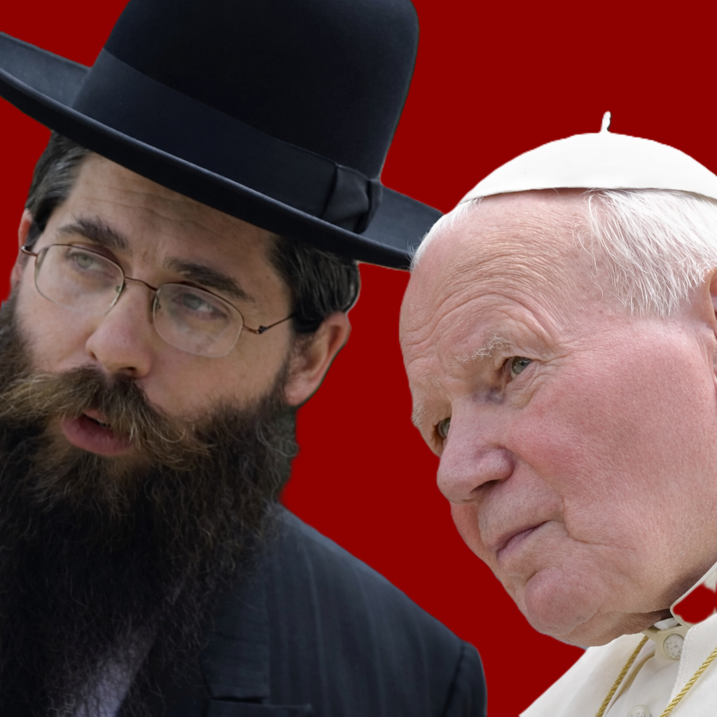 Jan Pawel II i Rabin Kijowa Yaakov Dov Bleich w Babim Yarze 100,000 żydów ukraińskich zastrzelono 1941 -1943. foto na tle czerwonej ściany